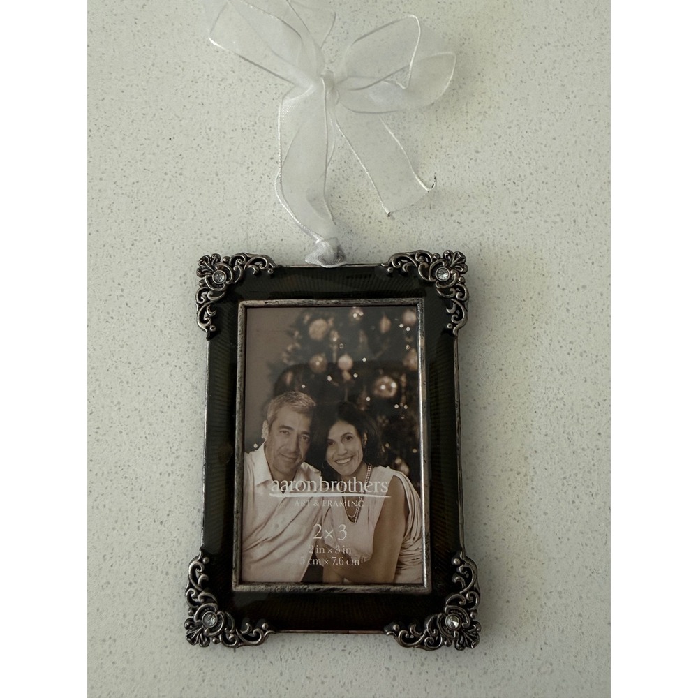 Vtg Aaron Brothers 2x3 Green Pewter Ornate Rhinestone Picture Frame Ornament